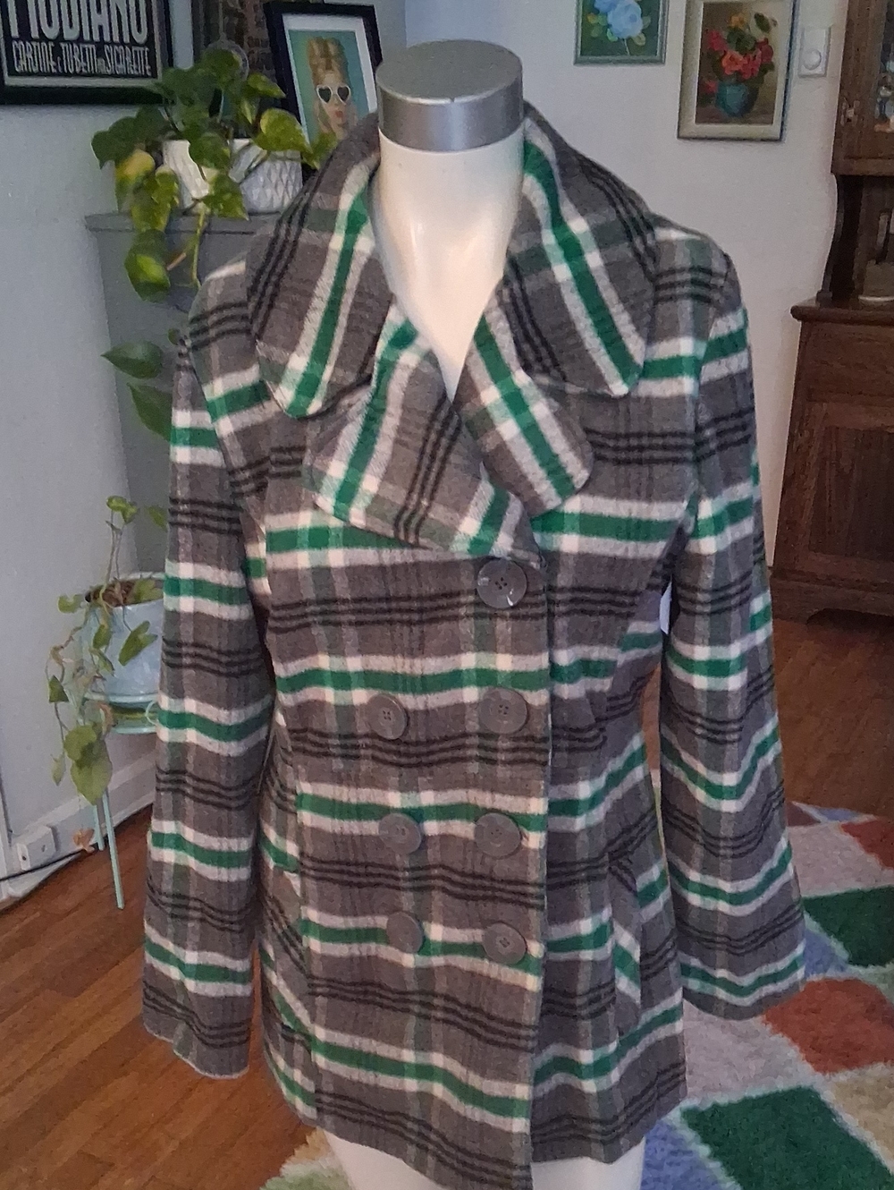 Rue21 Gray and Green Plaid Double-Breasted Peacoat